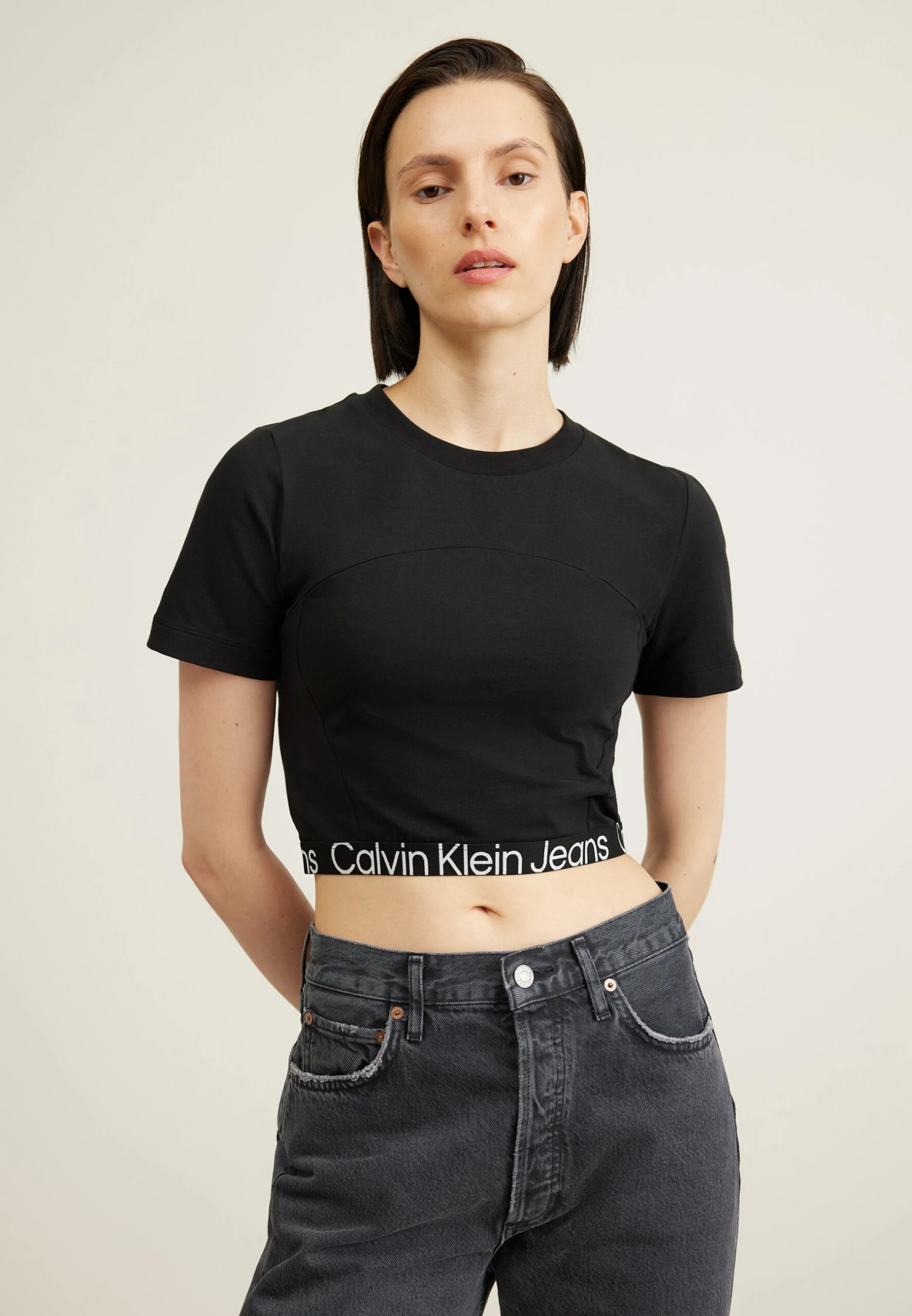 Calvin Klein Jeans Waist Logo Elastic Short Sleeve - T-Shirt Print - Black