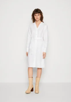 Calvin Klein Linen Collarless Midi Dress - Blousejurk - Bright White