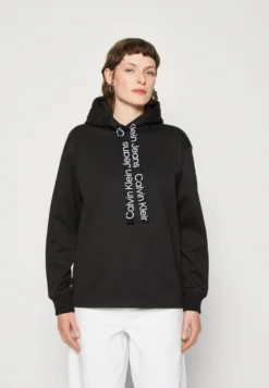 Calvin Klein Jeans Logo Drawcord Hoodie - Sweater - Black/Bright White